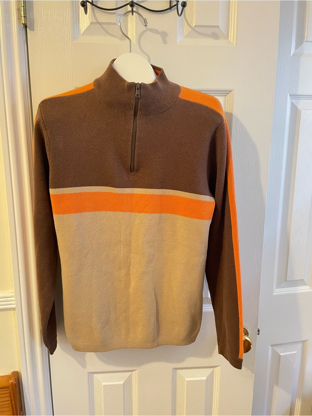 Men's Brown and Beige Arizona Half-Zip Sweater with Orange Stripe